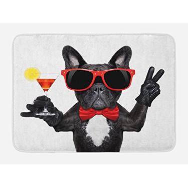 Imagem de Lunarable Tapete de banho engraçado, buldogue francês segurando Martini coquetel pronto para a festa vida noturna impressão de alegria, tapete de decoração de banheiro de pelúcia com suporte antiderrapante, 76,7 cm x 50,8 cm, preto vermelho branco
