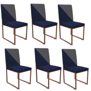 Imagem de Kit 06 Cadeira Stan Duo Sala De Jantar Ferro Bronze Sintético Azul Marinho E Cinza - Amey Decor