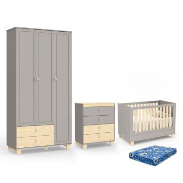 Imagem de Dormitório Rope Guarda Roupa 3 Portas, Cômoda e Berço com Colchão Baby Physical - Matic Móveis Natural/Cinza