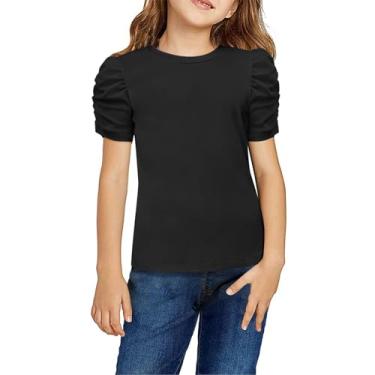 Imagem de Camisetas infantis de manga curta bufantes de verão com gola redonda canelada camiseta blusa casual de cor sólida, Preto, 12-13 Anos