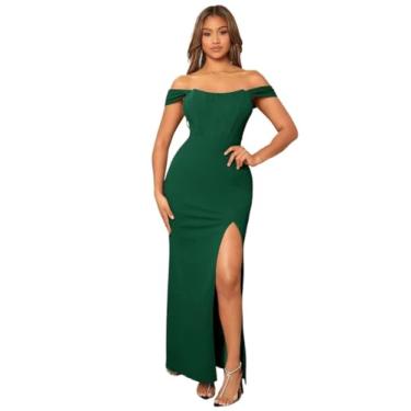 Imagem de Camisa Feminina Off Shoulder Split Thigh Dress (Color : Dark Green, Size : X-Small)