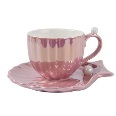 Imagem de Copo de cerâmica, conjunto de pratos de concha, copo de casal, copo de café da manhã criativo para escritório em casa, xícara de café (rosa)
