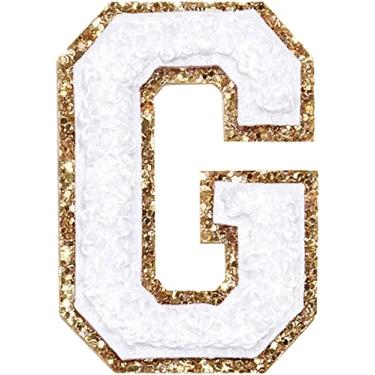 Imagem de 3 Pçs Chenille Letter Patches Ferro em Patches Glitter Varsity Letter Patches Bordado Bordado Borda Dourada Costurar em Patches para Vestuário Chapéu Camisa Bolsa (Branco, G)