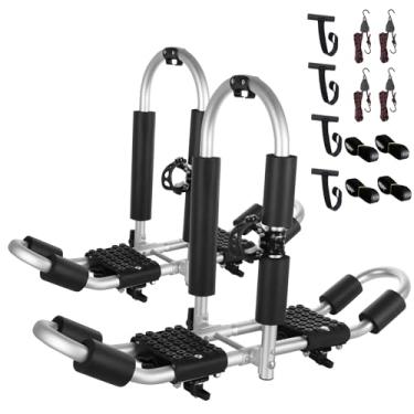 Imagem de FORWODE 2 pares de suportes de teto para caiaque, 2 em 1, de alumínio, dobrável, J-bar, com 2 conjuntos de tiras de catraca para caiaque, canoa, barco, surfe, esqui, SUV, carro, caminhão, barra