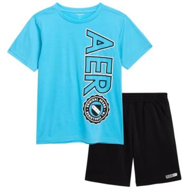 Imagem de AEROPOSTALE Conjunto de shorts para meninos - camiseta de manga curta de 2 peças e shorts de moletom de lã - Roupa de verão para meninos (4-12), Azul Riviera, preto, 4