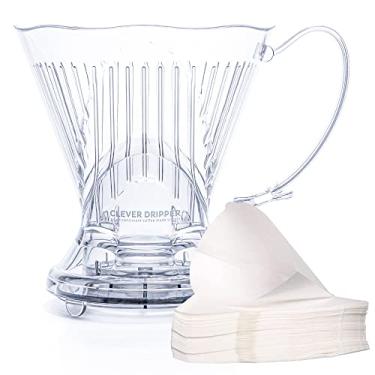 Imagem de Clever Coador de café e filtros, grande, 510 g, design clássico original, plástico livre de BPA, cafeteira coador, cafeteira manual, inclui 100 filtros, porta-copos e tampa, 510 g (transparente)