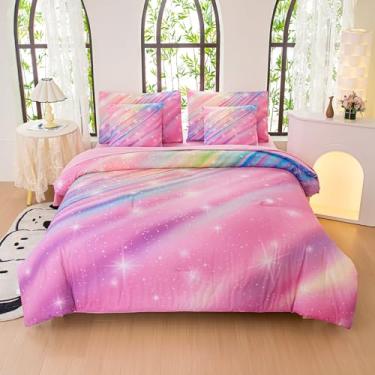 Imagem de Jogo de cama infantil, tamanho casal, galáxia, 7 peças, edredom rosa com glitter, colorido, para meninas adolescentes