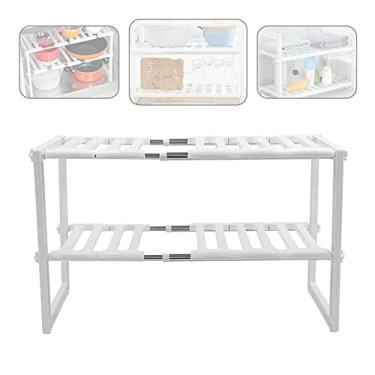 Imagem de HB1 Prateleira de armazenamento sob a pia de 2 camadas, organizador de cozinha, armário, escorredor de louça, multifuncional de plástico telescópico para cozinha, banheiro, armazenamento