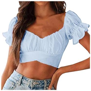 Imagem de Lainuyoah Camisetas femininas modernas cropped sexy 2024 primavera camisetas de trabalho manga bufante crop top tie up off shoulder shirt, A - azul-claro, M