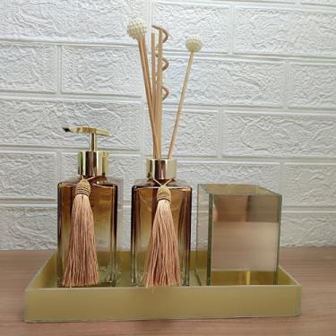 Imagem de Kit Lavabo Banheiro Dispenser Porta Sabonete Líquido Difusor Porta Escova Pincel Bandeja Decorativa Bancada-Organizadores e Decoração Para Banheiro-Dourado-Naneh Decor