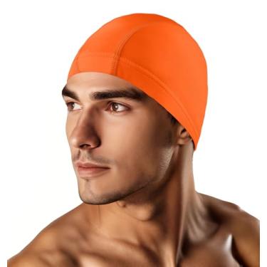 Imagem de Touca de natação de tecido para homens mulheres adultos, touca de natação de lycra de alta elasticidade mantém o cabelo limpo e respirável, tamanho único para cabelo curto laranja