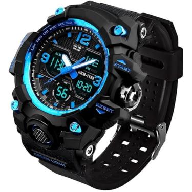 Imagem de LYMFHCH Relógio esportivo analógico masculino, relógio digital militar de LED, cronômetro eletrônico, mostrador duplo, horário externo, relógio de pulso tático, Azul, relógio masculino