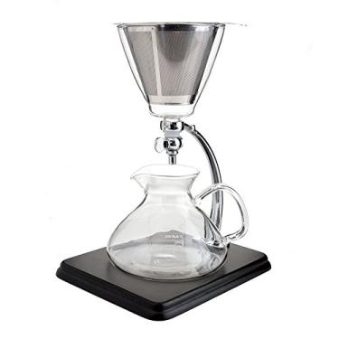 Imagem de Yama Glass Cafeteira Silverton de 473 ml - Vidro borossilicato resistente ao calor com base de madeira preta e filtro de aço inoxidável