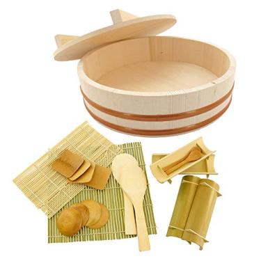 Imagem de BambooMN Hangiri Sushi Oke Rice Mixing Tub com tampa, 19 peças Fazendo Kit de Acessórios de Servir, Natural, 13.0-Inch