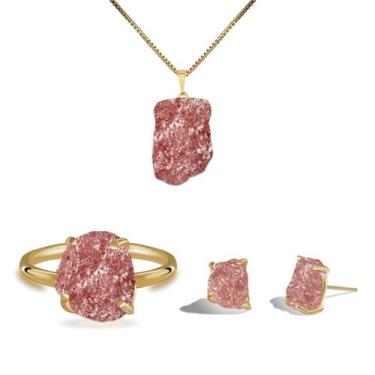 Imagem de Conjunto Natura Quartzo Morango - Cristal Natural, Prata 925