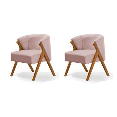 Imagem de Kit 2 Poltronas Luxo Moderna Luna Pés em Madeira Maciça Veludo Rosê - 