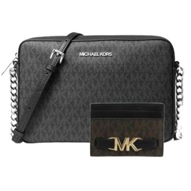 Imagem de Michael Michael Kors Bolsa tiracolo feminina Jet Set East West para viagem ou bolsa de cartão grande com palheta, PVC preto, Large