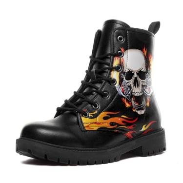 Imagem de coolcustomize Botas de combate masculinas femininas modernas com cadarço crânio rosa tornozelo salto grosso plataforma botas de trabalho de couro, Preto 1, 6.5 Women/5 Men