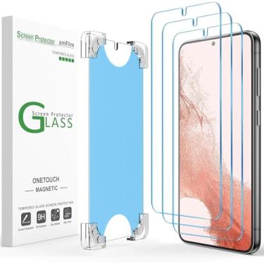 Imagem de amFilm Pacote com 3 películas magnéticas OneTouch Samsung S22 Plus de 6,6 polegadas [plástico ecológico e redutor] [Vidro temperado ultra 9H indestrutível] [Alinhamento automático de 30 segundos e