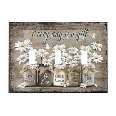 Imagem de Farm 3 Gang Interruptor de Luz Triplo Interruptor de Parede Capa Margarida Flor em Pote de Pedreiro Rústico Country Celeiro Madeira Decorativa Placa Elétrica Fazenda Campo Floral Decoração de Sala de