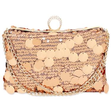 Imagem de Bolsa de noite com lantejoulas, bolsa clutch com anel para mulheres, bolsa transversal para casamento, formatura, festas, viagens (dourada), Dourado