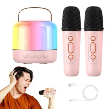 Imagem de Máquina de karaokê sem fio, alto-falante de karaokê - Pequena máquina de karaokê sem fio com 2 microfones - Leitor de música com design de luz LED, caixa de som de máquina de cantar para amigos da fam