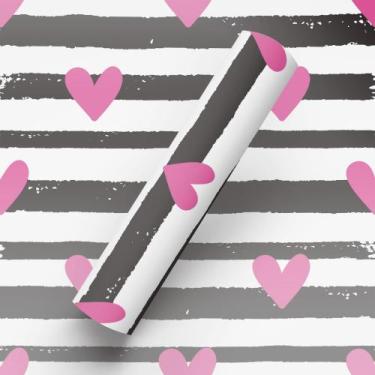 Imagem de Papel de Parede Adesivo Tema Listrato Preto Corações Rosa - BAZAR DOS 
