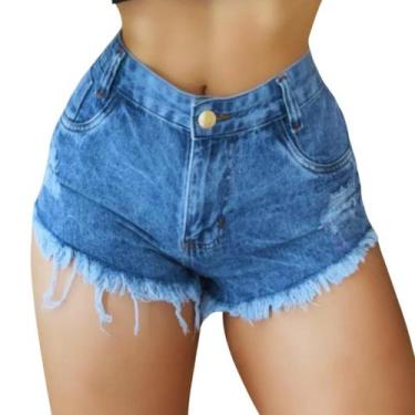 Imagem de Short Jeans Feminino Marmorizado Cintura Alta Botão Dourado Zíper Ruíd