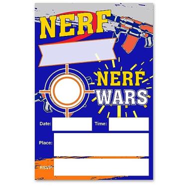 Imagem de VAHATAN Convites para festa de aniversário de armas de dardos 20 pacotes de convites de aniversário Nerf Wars com envelopes