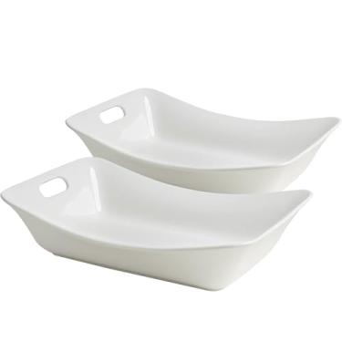 Imagem de LEHAHA Tigelas de servir grandes com alças, conjunto de 2 tigelas de porcelana branca, tigelas de salada de cerâmica durável, travessa retangular de 2 litros para peru, pratos de servir salada de
