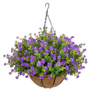 Imagem de NETAP Cesta de flores artificiais para decoração de primavera e verão, flores falsas parecem realmente resistentes aos raios UV, plantas falsas para varanda, varanda, pátio, jardim, decoração externa,