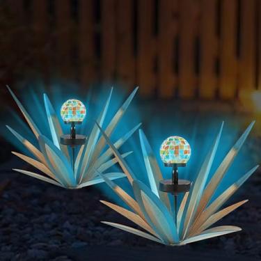 Imagem de TOMBABY Enlarge Thickened Wind Resistant Metal Agave Garden Art Metal Plant Country Garden Sculpture Statue Outdoor Decoration Agave Metal Plant Courtyard Garden Lawn Ornament Gift (2, Azul Solar)