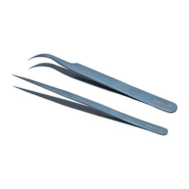 Imagem de Tweezer Conjunto de Alumínio Alumínio Curvido Cabeça Reta Precisão Magnética para Soldagem de PCB Golden (Azul)