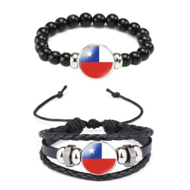 Imagem de Ykonuyis Pulseira de corda elástica de metal com contas pretas e pulseira de corda trançada de couro de liga para homens e mulheres apoia o seu país, Medium, Zinco, Vidro