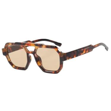 Imagem de Óculos de sol poligonais femininos retrô com dupla viga e óculos masculinos da moda para viagem Uv400, chá de leopardo, tamanho único