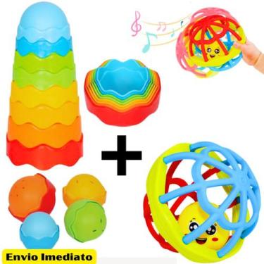 Imagem de Kit Brinquedo Didático Torre Mágica+ Bolinha Chocalho Mordedor De Sili