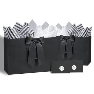 Imagem de ZHIAXTON 2 sacos de presente pretos extra grandes, saco de compras de papel kraft com papel de seda, cartão e laço, sacos de presente pretos de 40 x 12 x 28 cm com alças para homens, festa de