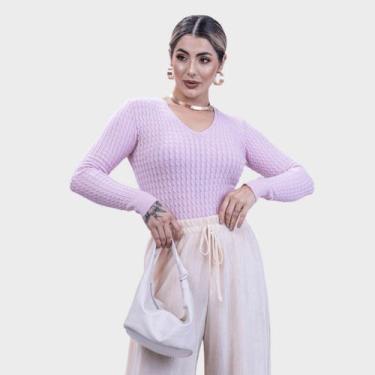 Imagem de Blusa Feminino Trancinha Modal Gola V - NET TRICOT, Rosa