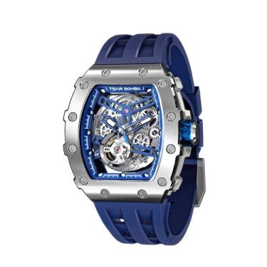 Imagem de TSAR BOMBA Relógio masculino automático Tonneau de luxo esqueleto para homens, mecânico, 50 m, à prova d'água, analógico, masculino, exclusivo, quadrado, mostrador grande, relógio de pulso com