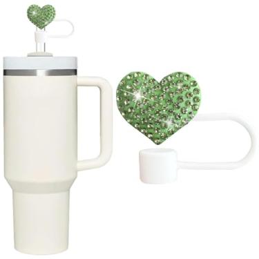 Imagem de Capa de palha Bling Hearts para Stanley Cup, strass de diamante brilhante, topos de silicone de 10 mm, topo de palha compatível com Stanley copo de 30 e 1,134 g com alça, canudos reutilizáveis (verde)