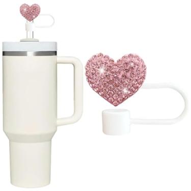 Imagem de Capa de palha Bling Hearts para Stanley Cup, strass de diamante brilhante, topos de silicone de 10 mm, topo de palha compatível com Stanley Copo de 30 e 1,134 g com alça, canudos reutilizáveis (rosa)
