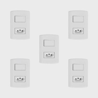 Imagem de Conjunto de 5 Interruptores de 1 Tecla Simples e Tomada 2p + t 20A, Modular, com Placa 4x2 e Suporte