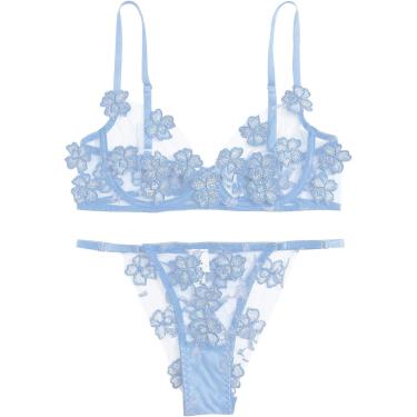 Imagem de Conjunto De Lingerie Sexy Feminina Conjuntos De Lingerie Feminina Flores Bordado Lace Applique Sutiã Transparente Calcinha Fio Dental Roupa Interior Bralette Sleepwear, Blue, S