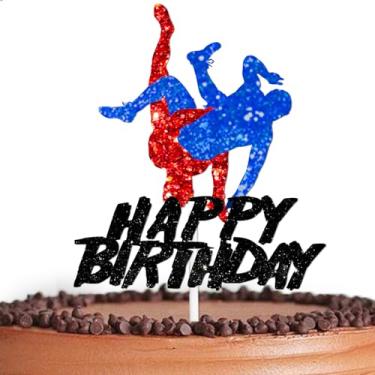 Imagem de Black Glitter Happy Birthday Cake Topper Pick for Let’s Wrestling Athletics Theme Decor Supplies Men Boys Wrestler Happy Birthday Party Decorations