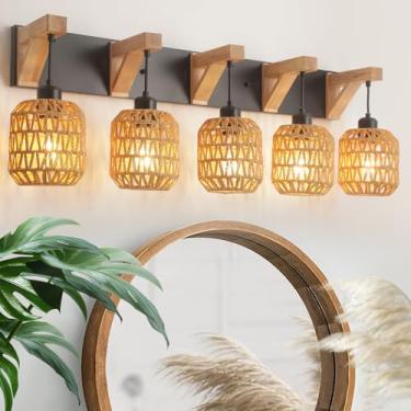 Imagem de HapCamp Luminárias De Banheiro Com 5 Luzes, Arandela De Parede Rústica De Vime Estilo Rattan Com Abajur De Vime Boho Feito À Mão Em Bambu, Suporte De Madeira Estilo Fazenda, Adequada Para Escada, Qu