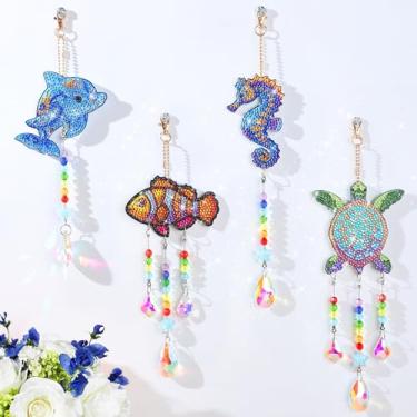 Imagem de Beeplove Kit De Arte Com Diamantes Para Presentes Infantis - 4 Peças De Sinos De Vento De Dupla Face, Pintura Com Strass De Cristal, Enfeite Pendurado Em Estilo Animal Marinho Para Janela De Casa, S