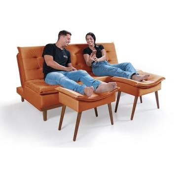 Imagem de Sofá Cama Reclinável Santorini com 2 Banquetas Veludo 3 Lugares Casal Premium Pés de Madeira (TERRACOTA)