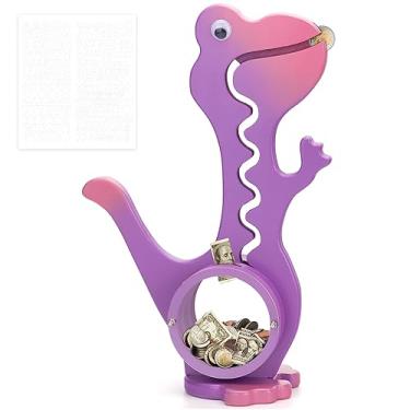 Imagem de AORCMITN Cofrinho de madeira dinossauro para meninos e meninas cofrinho transparente grande barriga animal cofre para criança brinquedo de dinheiro real (Dino-roxo)