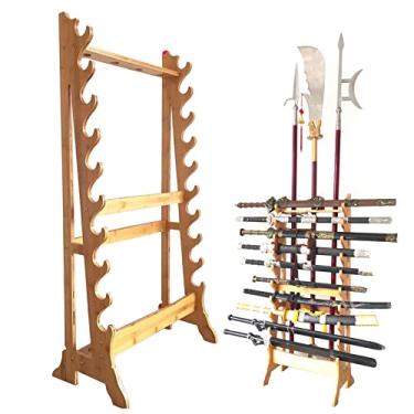 Imagem de JNQLLDS Suporte de espada Samurai Suporte de Espada Suporte de Exibição de Espada, Suporte de Faca Integrado no Chão, Suporte de Sabre de Luz Grande de Madeira Ajustável de 10/12 Camadas Katana Cabide