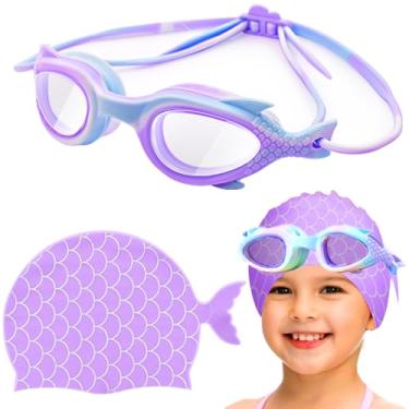 Imagem de BETURETOP Toucas de natação infantis com óculos para meninas, touca de natação de unicórnio de silicone à prova d'água para crianças de 3 a 8 anos, óculos de natação contra neblina UV para meninas